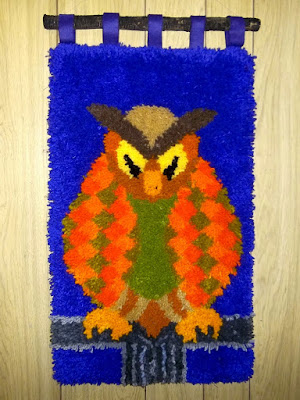 "Autumn Owl", large latch-hooked wall hanging