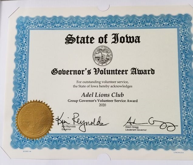 Adel Lions Club Governor's Volunteer Award