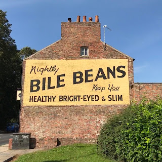 A close up picture of a red, brick building by a road.  There is a yellow sign painted on it with black lettering that reads - Nightly Bile Beans keep you Healthy Bright-Eyed & Slim.  Photo by Kevin Nosferatu for the Skulferatu Project.