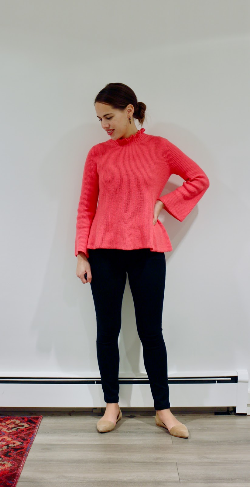 Jules in Flats - Pink Ruffle Mock Neck Swing Sweater (Business Casual Fall Workwear on a Budget)