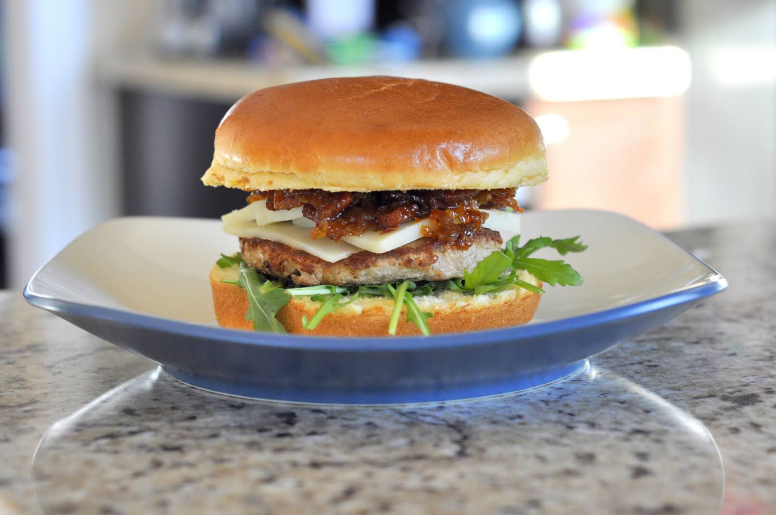 Turkey Burgers with Arugula, Jack Cheese, and Homemade Bacon Jam