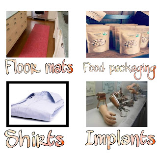 This image shows uses of Polylactic acid in implants, food packaging,shirts, floor mats.