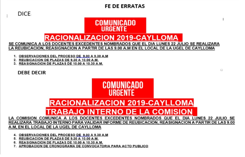 FE DE ERRATAS PROCESO DE RACIONALIZACIÓN 2919 ~ UGEL CAYLLOMA