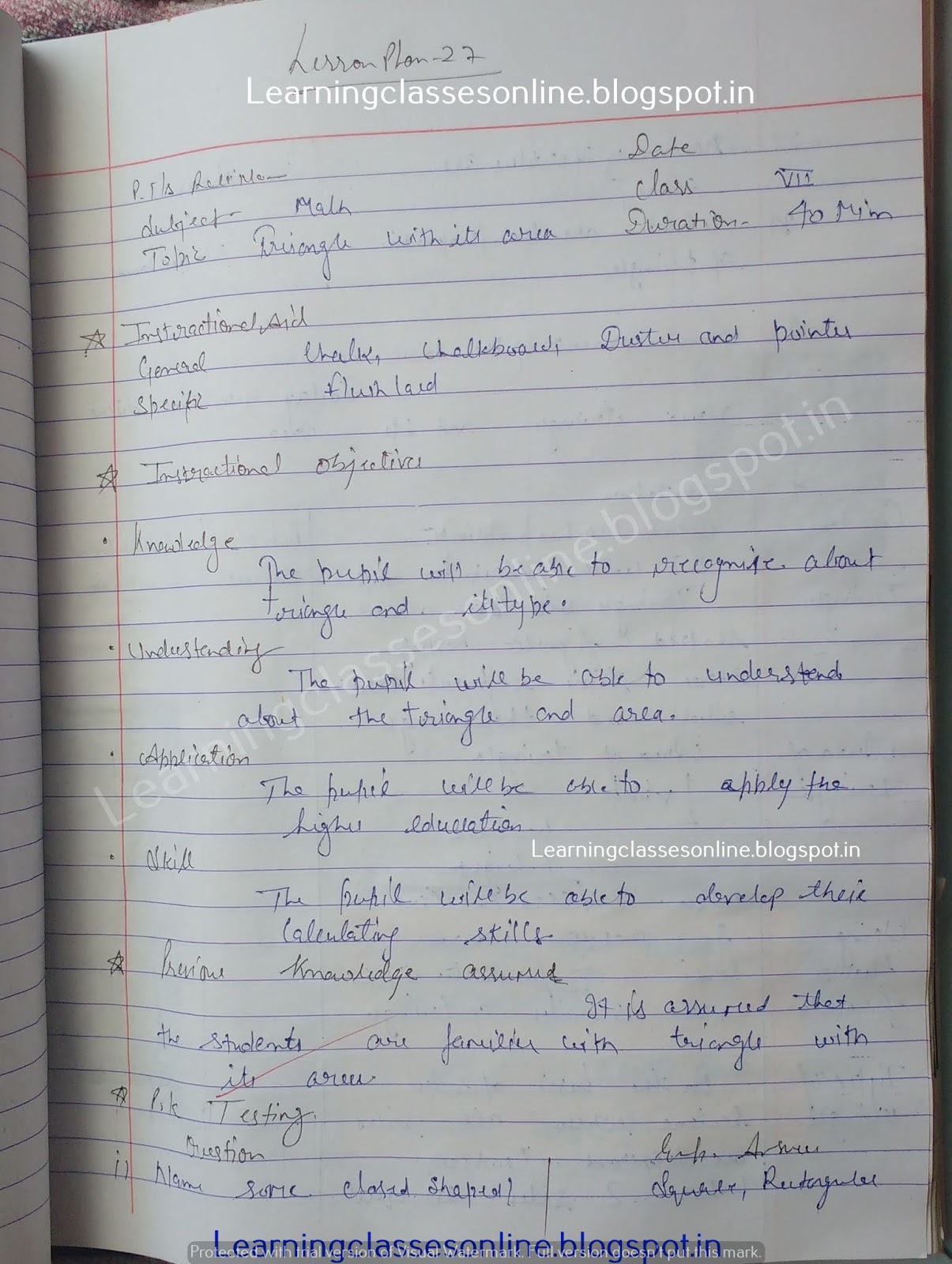 Math Lesson Plan on triangle with its area - Math Lesson Plan Examples and Ideas Math Lesson Plan on triangle with its area