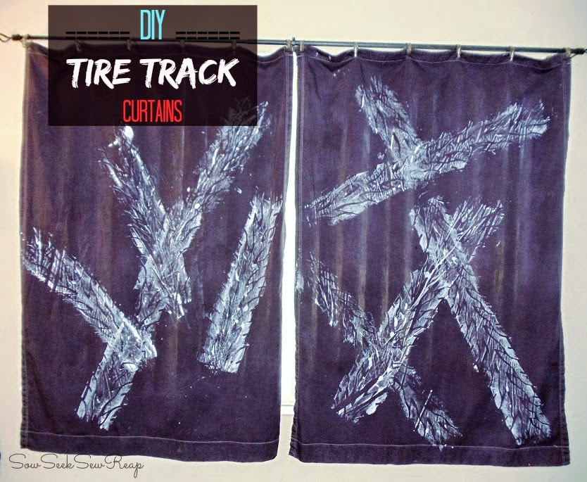 Tire track curtains, diy curtains, boys curtains, tire track craft