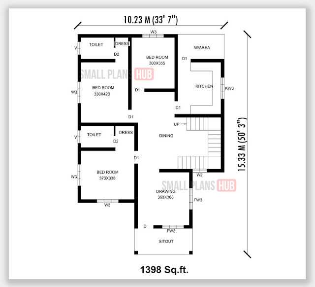 Kerala Style Three Bedroom Single Floor House Plans Under 1300 Sq.ft ...