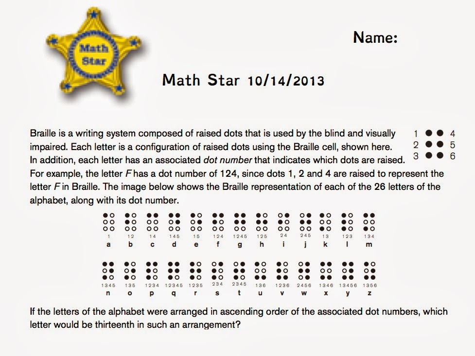 Howard Math Lab Middle School: Math Star 10/15/13
