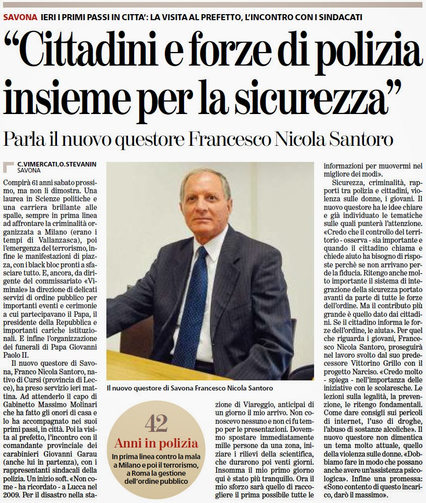 ALASSIOFUTURA Savona Ieri i primi passi in città del nuovo Questore Francesco Nicola Santoro