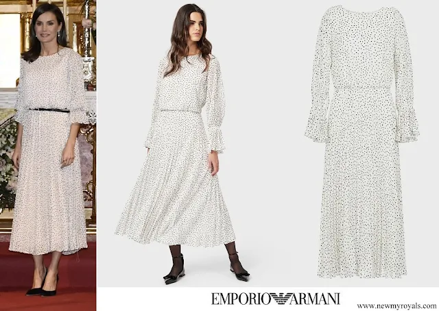 Queen Letizia wore Armani crepon long dress with polka-dot jacquard motif