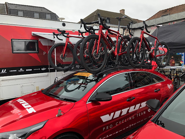 Vitus Pro Cycling team car ready to head out with riders on a race.