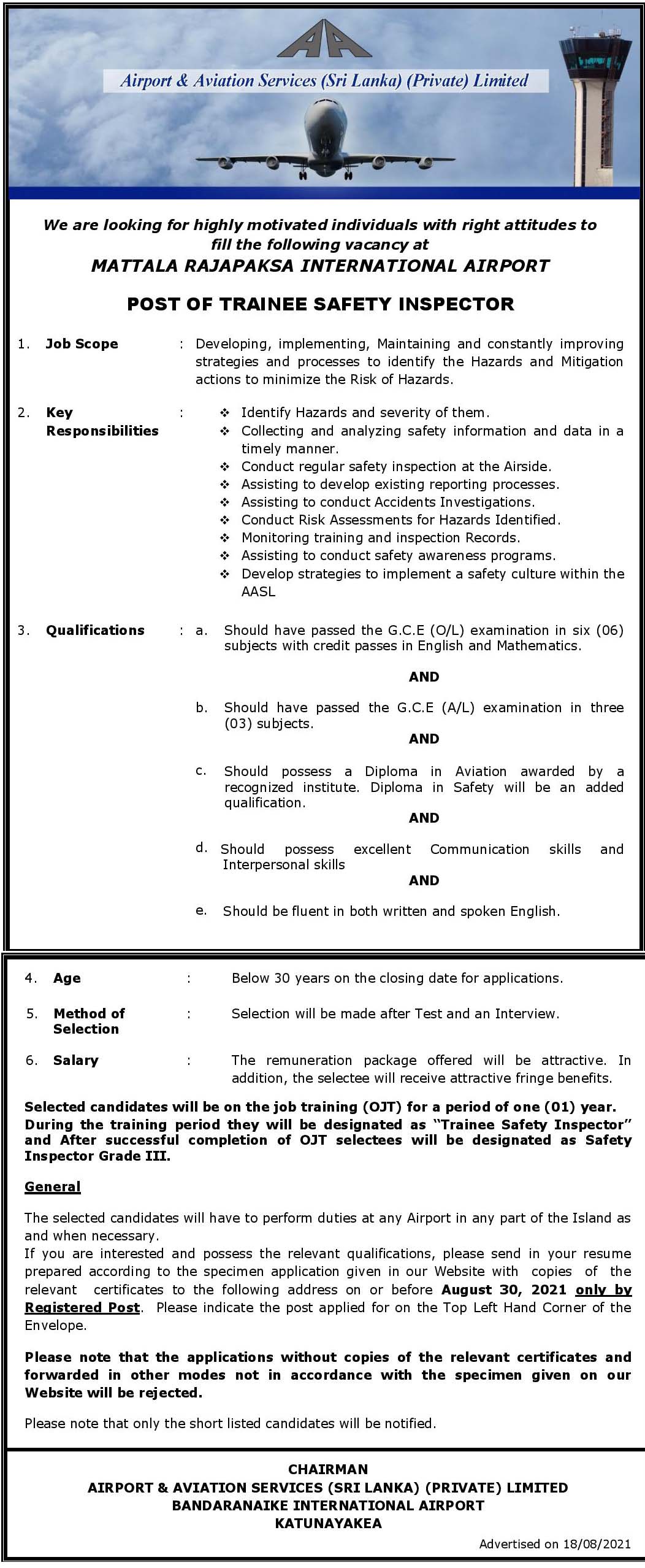 Trainee Safety Inspector Airport and Aviation Services Job