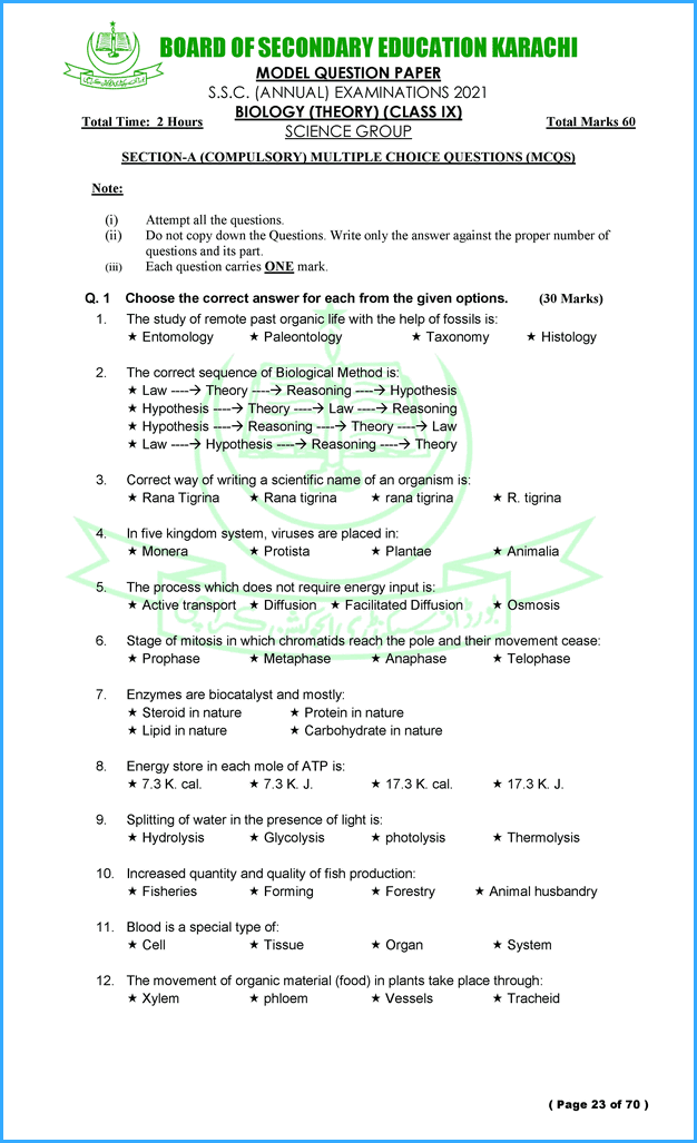 Adamjee Coaching Biology 9th Model Paper for Annual Examination of 2021