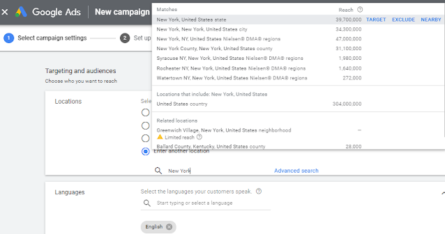 Select New York location in Google Ad