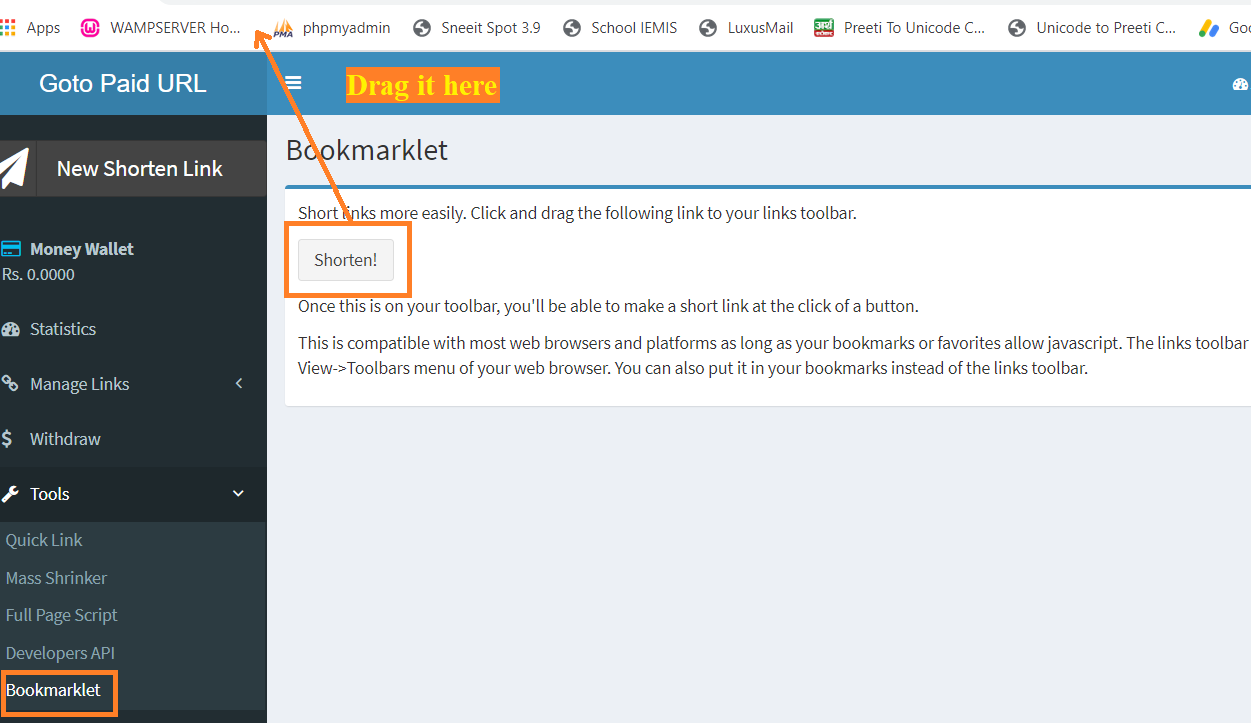 Bookmarklet Tool of Goto Paid URL Shortener