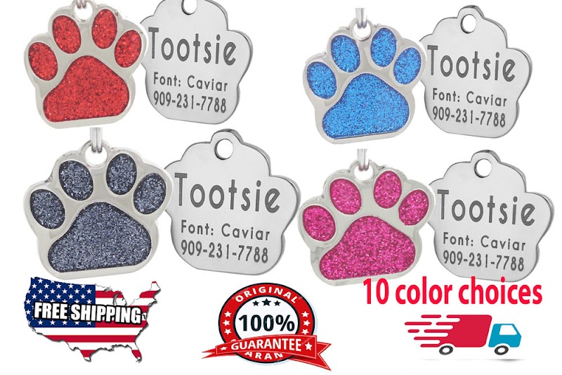 Glitter Paw Print Pet ID Tags Custom Engraved Dog Cat Tag Personalized