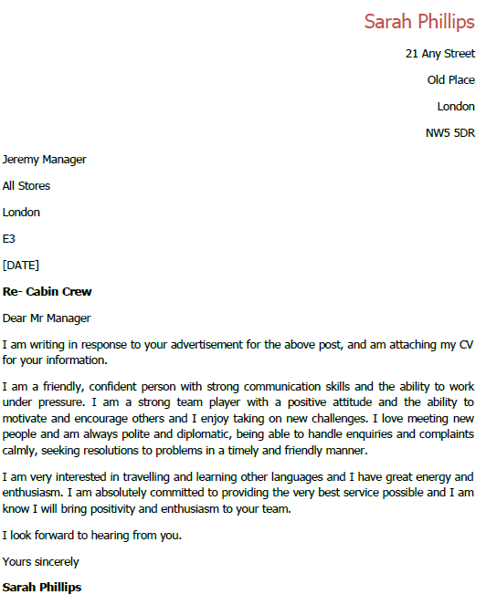 cabin crew assistant cover letter