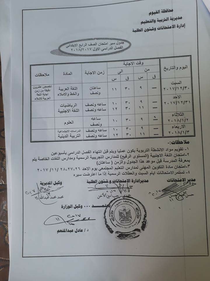   جداول امتحانات محافظة الفيوم الترم الأول 2018 4