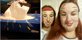 A box of tissues and my daughter and I trying out facemasks