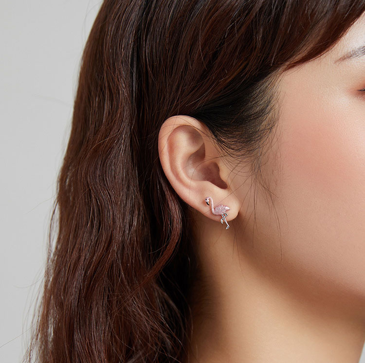 不對稱風滴釉火鶴與葉子 925純銀耳環