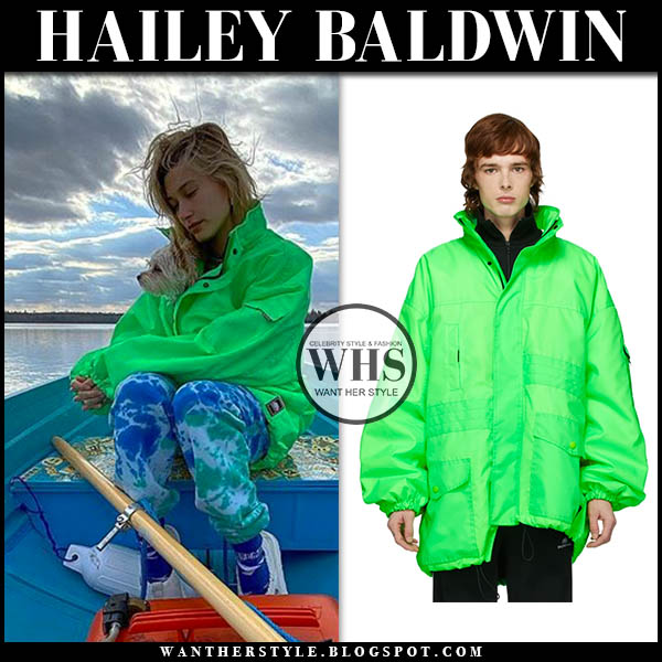 Hailey Baldwin in neon green jacket on April 4 ~ I want her style