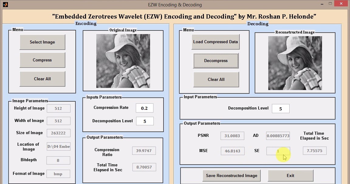 Image Compression Using Embedded Zero Tree EZW Wavelet Technique Matlab