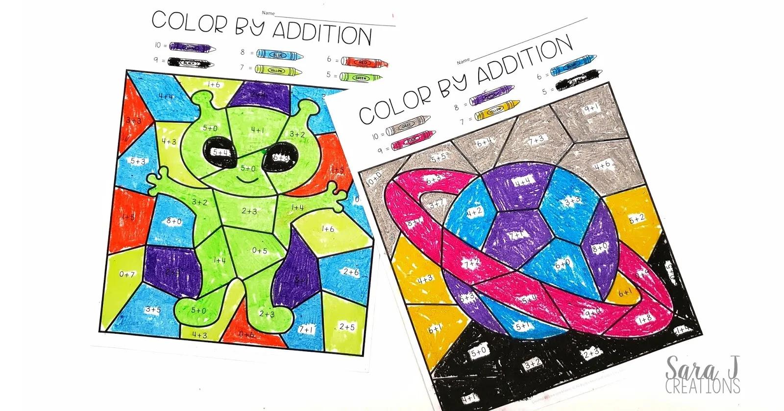 Grab your free color by number worksheets now! These free space themed color by addition printables are perfect for kindergarten, first grade and even second grade. They are a great way to practice math facts, build fluency, and have some fun!