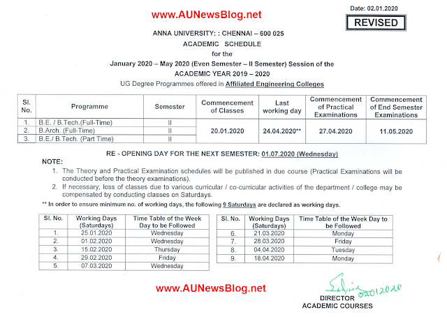 Anna University Academic Schedule 2020 for UG & PG April May 2020 exams