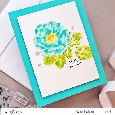 Altenew BAF Wild rose layering stamp, Build a flower stamp set - Wild rose, Rose cards, Wild rose stamp, layering stamps, altenew Burlap die, Clean and simple rose card, Turquoise rose card, Quillish, Guest designer Ishani, Altenew layering stamps,