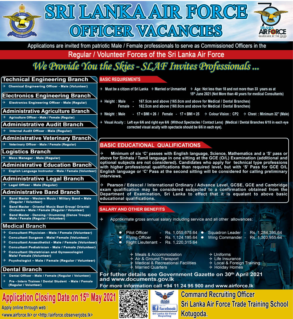 Officer Vacancies Sri Lanka Air Force SLDailyPlus