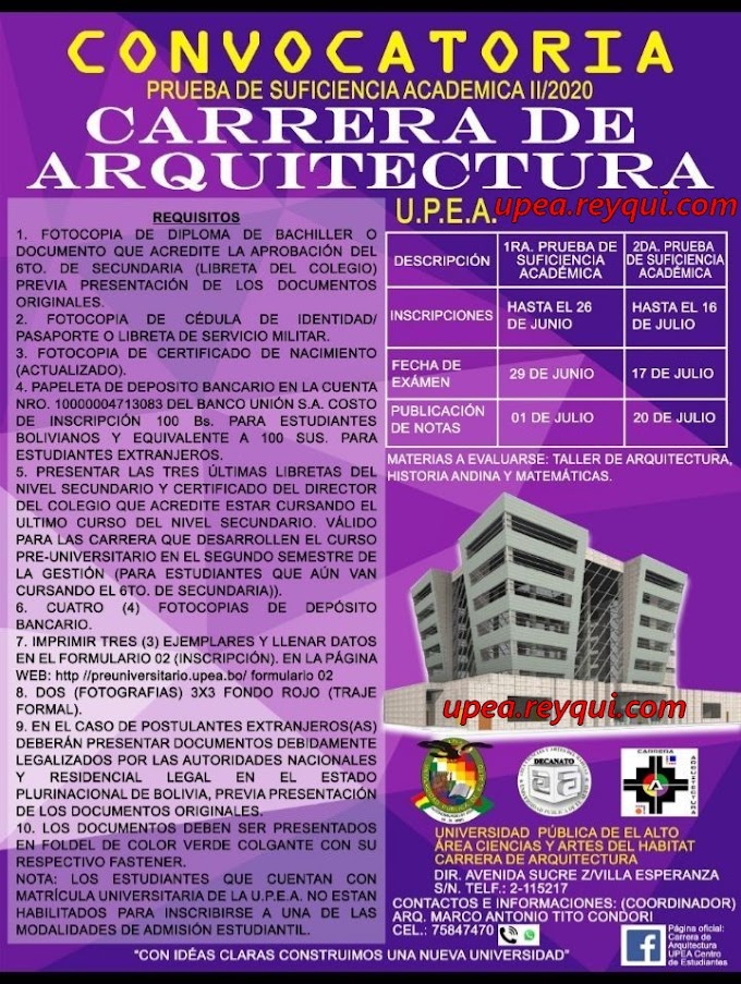 Arquitectura UPEA II/2020: Convocatoria para la Prueba de Suficiencia Académica