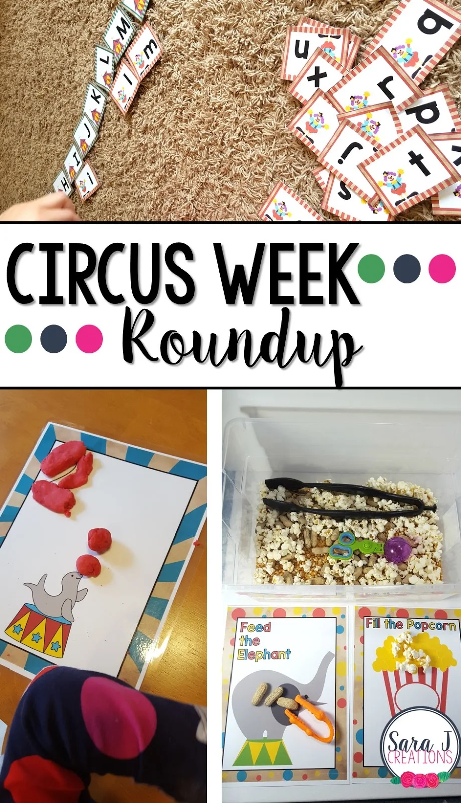 Books, fine motor, gross motor and alphabet practice ideas with a circus theme. Perfect for preschool!