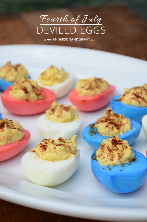 Make your deviled eggs a little more festive for the Fourth of July by dying them red, white, and blue!  www.andersonandgrant.com