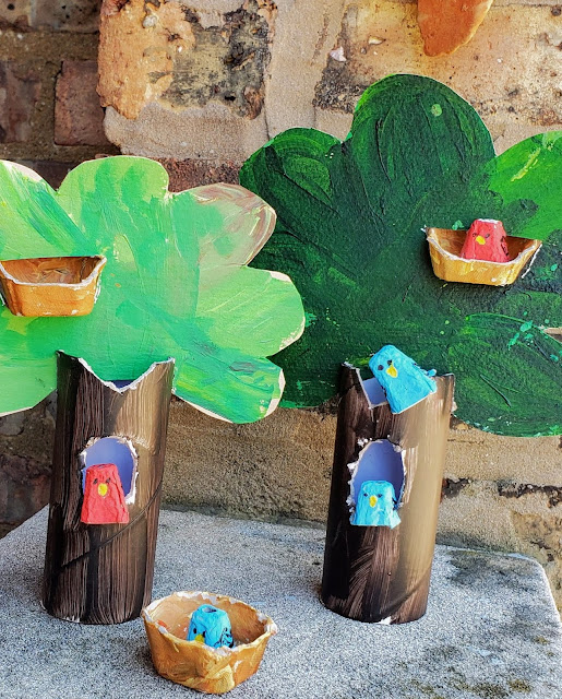Upcycled spring craft egg carton birds in trees the ReFab Diaries
