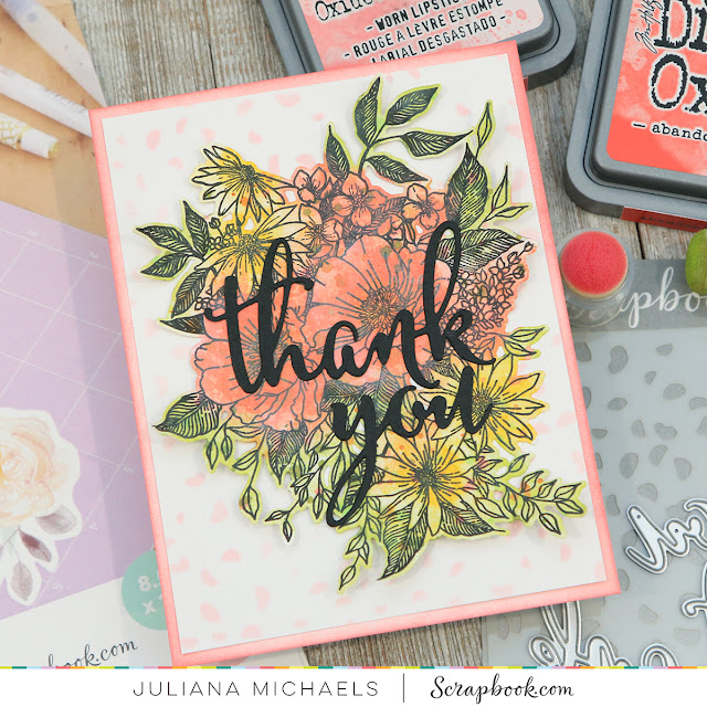 Thank You Card by Juliana Michaels. Created using stamps and dies with Scrapbook.com's Exclusive Sticker Paper