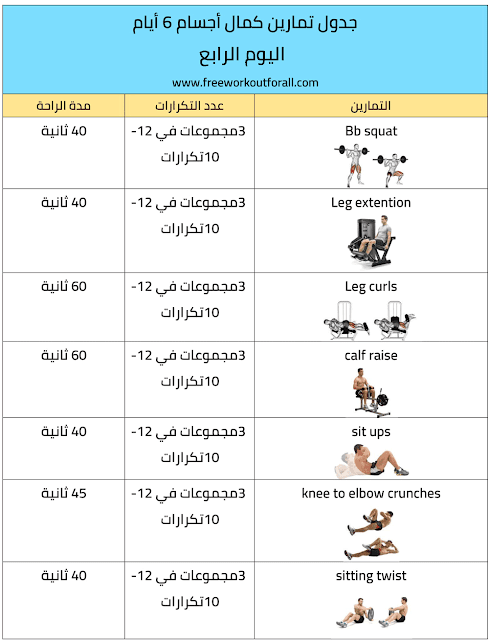 جدول تمارين كمال اجسام 6 ايام