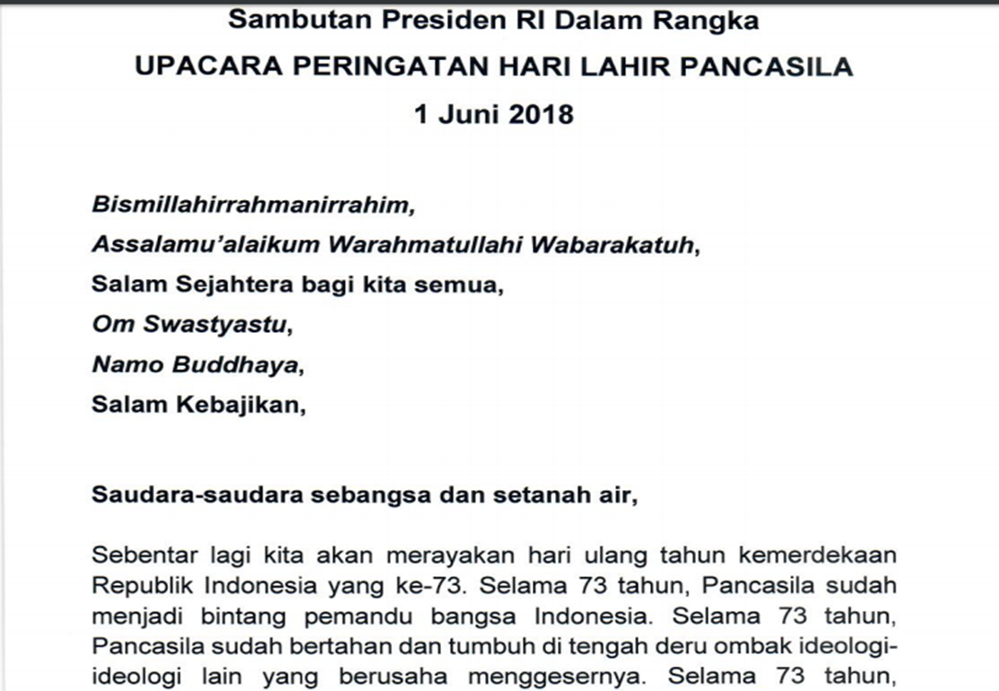 NASKAH PIDATO PRESIDEN RI PERINGATAN HARI LAHIRNYA PANCASILA 2018 ~ SDN