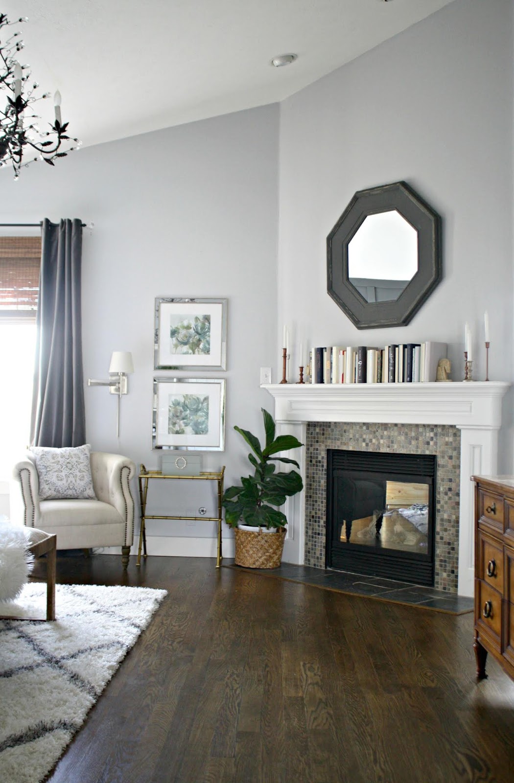 Light gray walls fireplace bedroom