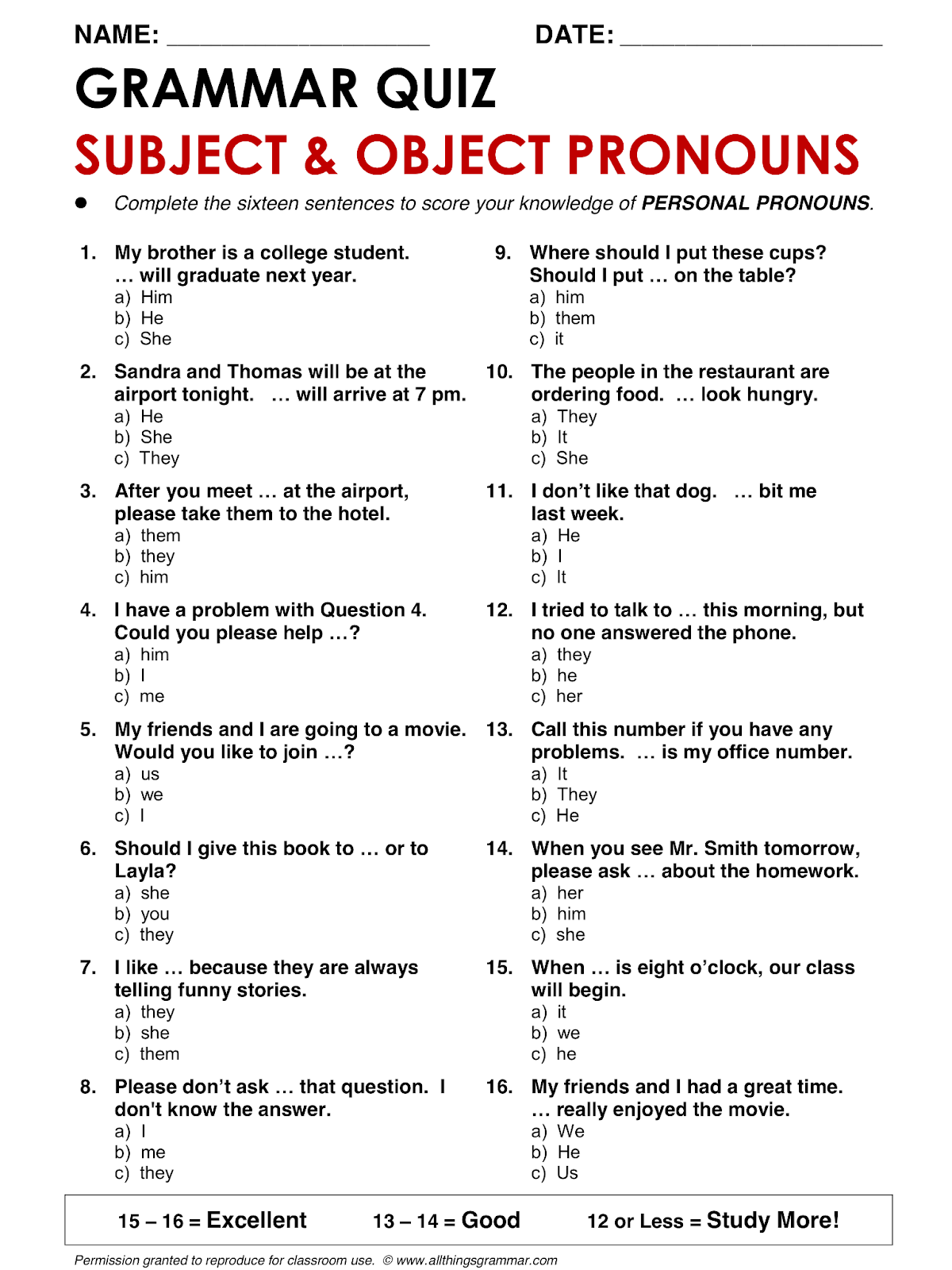 Pronouns Worksheet For Grade 3 With Answers Pdf