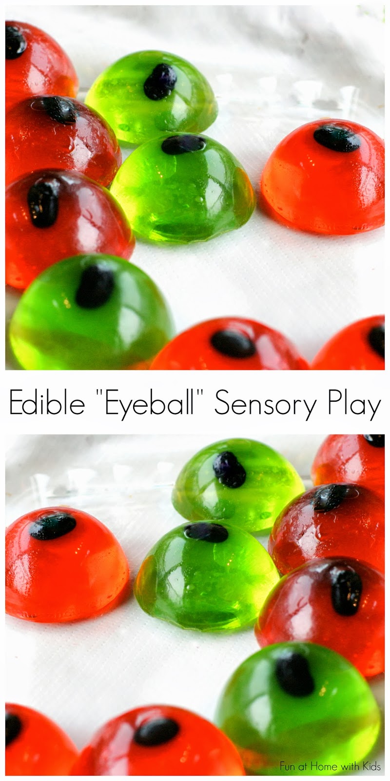 Edible Eyeball Sensory Play - an all ages bin you can put together over and over again or read at the end of the post how to modify the recipe to make a tasty Halloween snack/treat.  From Fun at Home with Kids.