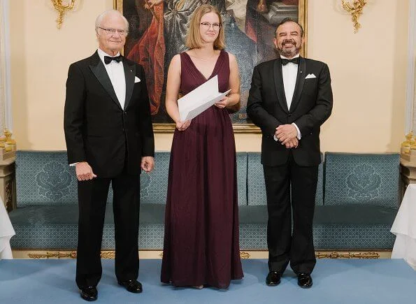 Princess Stephanie in ralph lauren halter v-neck satin maxi evening gown. Elie Saab dress. Christian Dior classic pearl earrings and pearl necklace