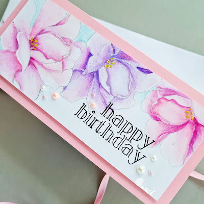 Floral slim line card, Alex Syberia designs digital stamps, floral birthday card, card in pink and purple, Digital stamps coloring, quillish