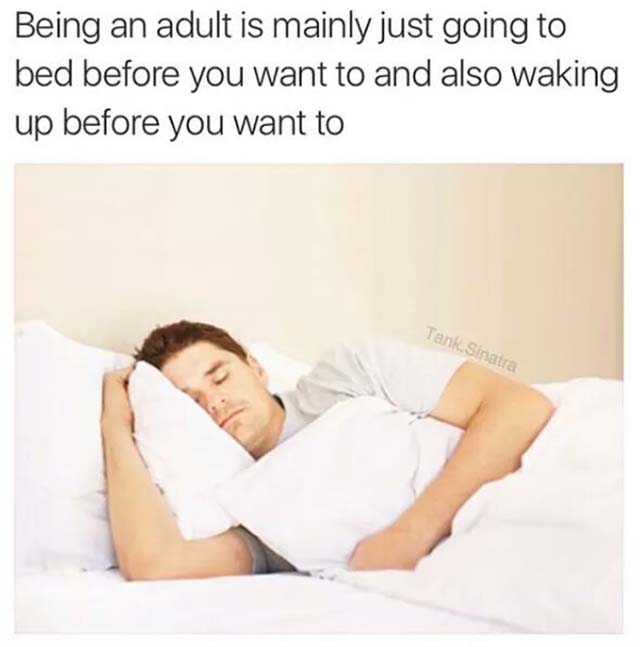 Being an adult is mainly just going to bed beforr you want to and also waking up before you want to