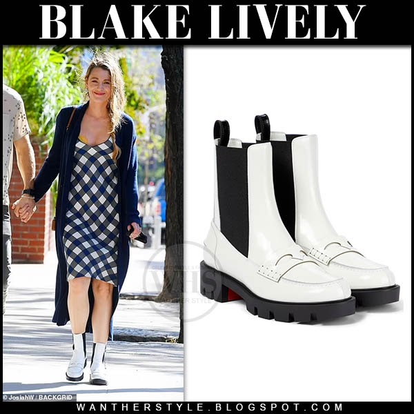 Blake Lively in white ankle boots and black and white check dress