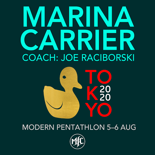A square of deep inky green with text stacked over it at the top reading ‘Marina Carrier, coach: Joe Raciborski’ in zingy blue/green. Below that is a graphic of a golden duck (Marina’s secret to success, and that’s all I can tell you if you don’t already know) with tokyo beside it in red and 2020 in white. The text is in a skinny stack so that the T.O. are on top, K and 2020 below, and YO to finish the stack. Below this text in grey reads ‘modern pentathlon 5–6 aug’ (yeah I know it goes until 7 Aug, but the women’s events are 5-6 and I’m just there to see Marina). Under that is the MFC logo, which is a monogram of the letters MFC in white in a thin white circle.
