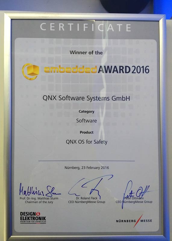 QNX Auto Blog QNX OS for Safety named best software product at