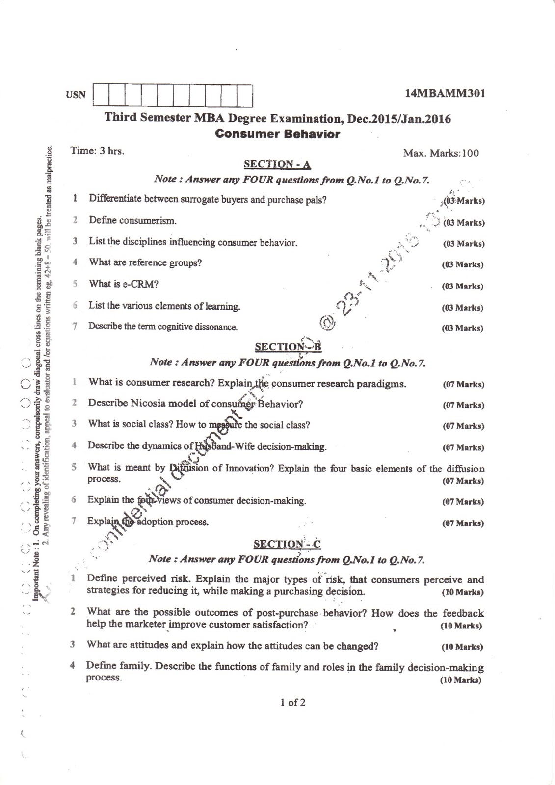 AR VTU MBA E-NOTES: VTU MBA 3rd sem question papers Consumer Behavior