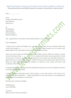 Letter for Activation of Auto Debit in Credit Card Letter for Activation of Auto Debit in Credit Card
