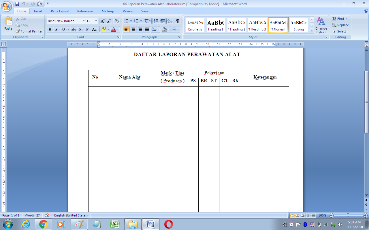 Format daftar laporan pemeliharaan alat laboratorium komputer