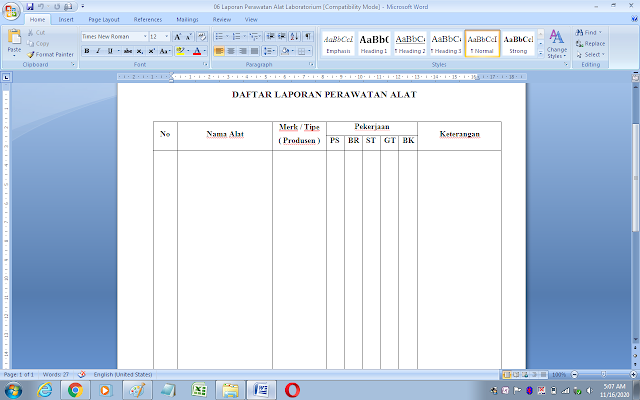 Format daftar laporan pemeliharaan alat laboratorium komputer