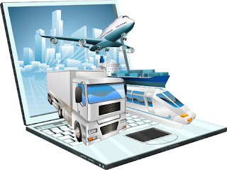 Clipart Image of a Laptop Computer With 3D Transportation Icons